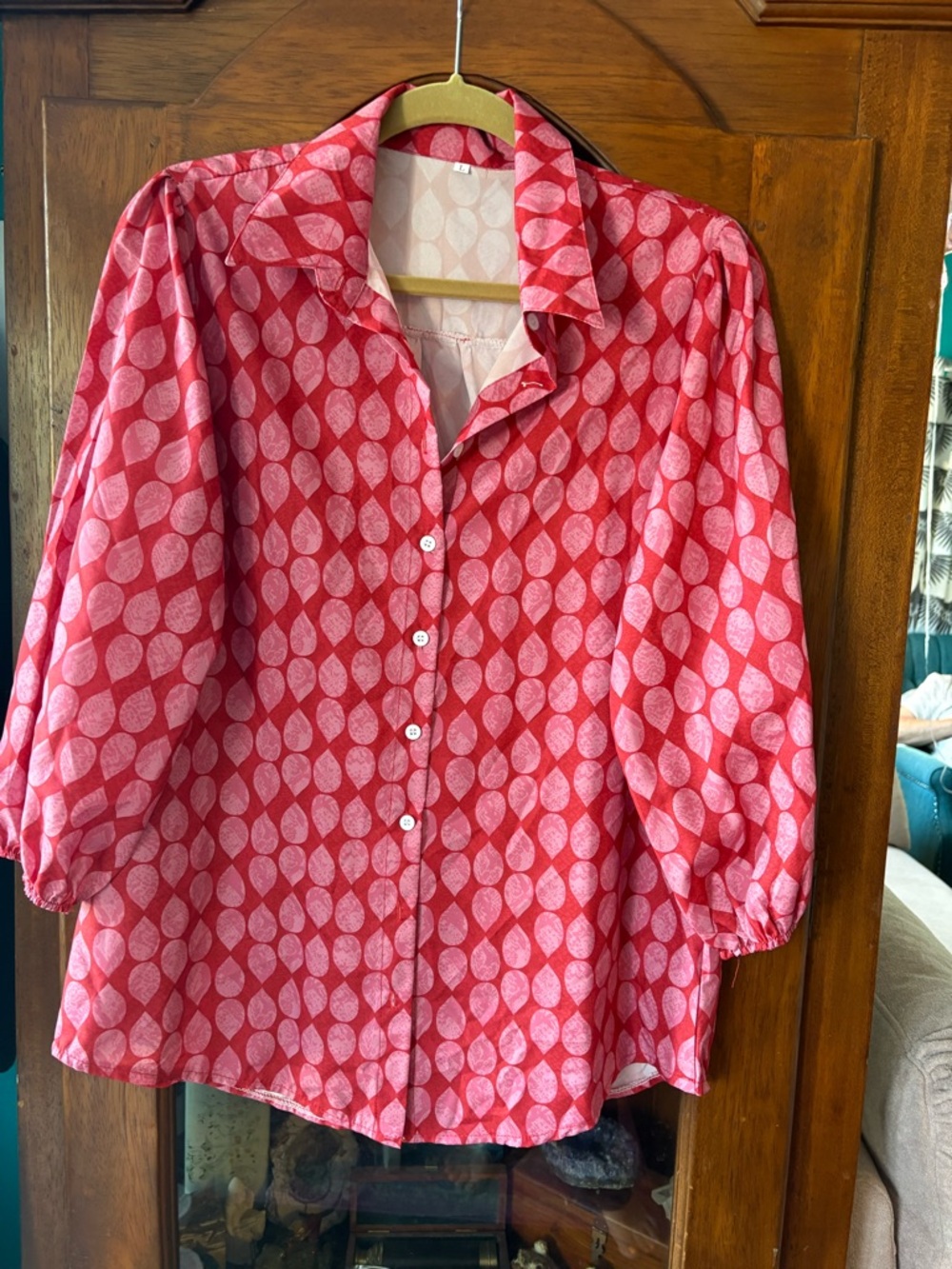 Bold Red and Pink Polka Leaf Button-Up Blouse